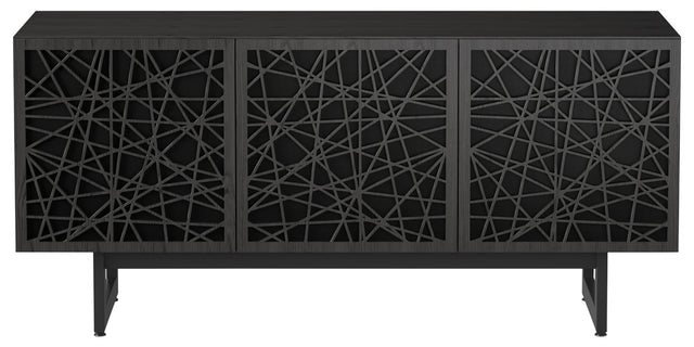 Charcoal Ash Veneer and Black Perforated Steel with Black Steel (Ricochet) | BDI Elements Media Cabinet | Valley Ridge Furniture