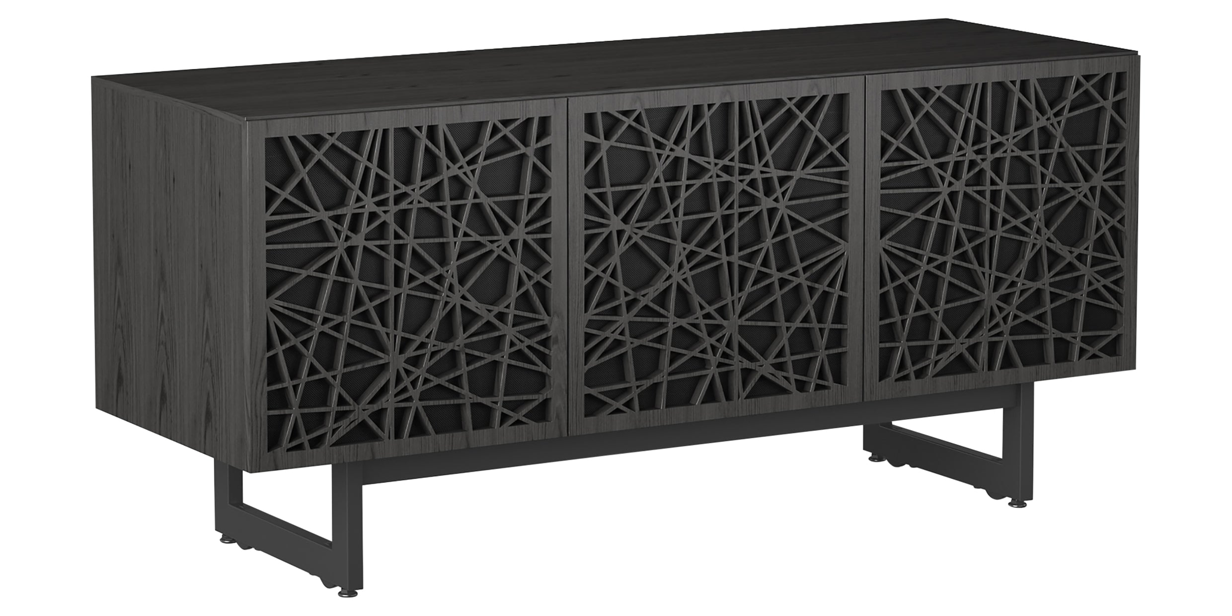 Charcoal Ash Veneer &amp; Black Perforated Steel with Black Steel (Ricochet) | BDI Elements Media Cabinet | Valley Ridge Furniture
