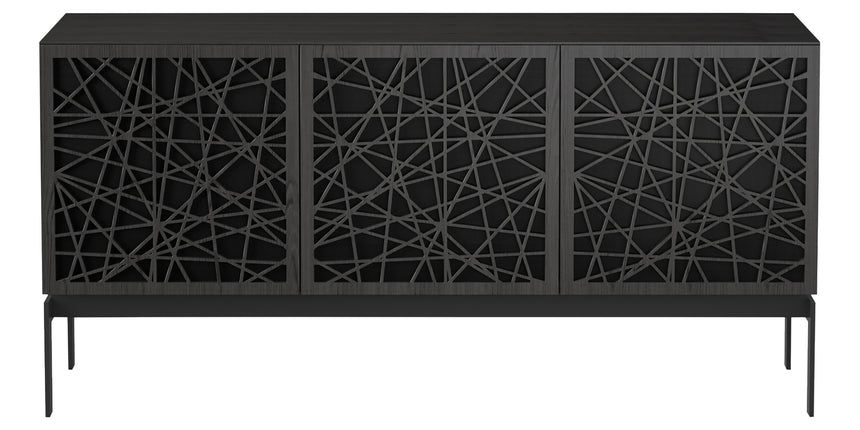 Charcoal Ash Veneer and Black Perforated Steel with Black Steel (Ricochet) | BDI Elements 3 Door Storage Cabinet | Valley Ridge Furniture