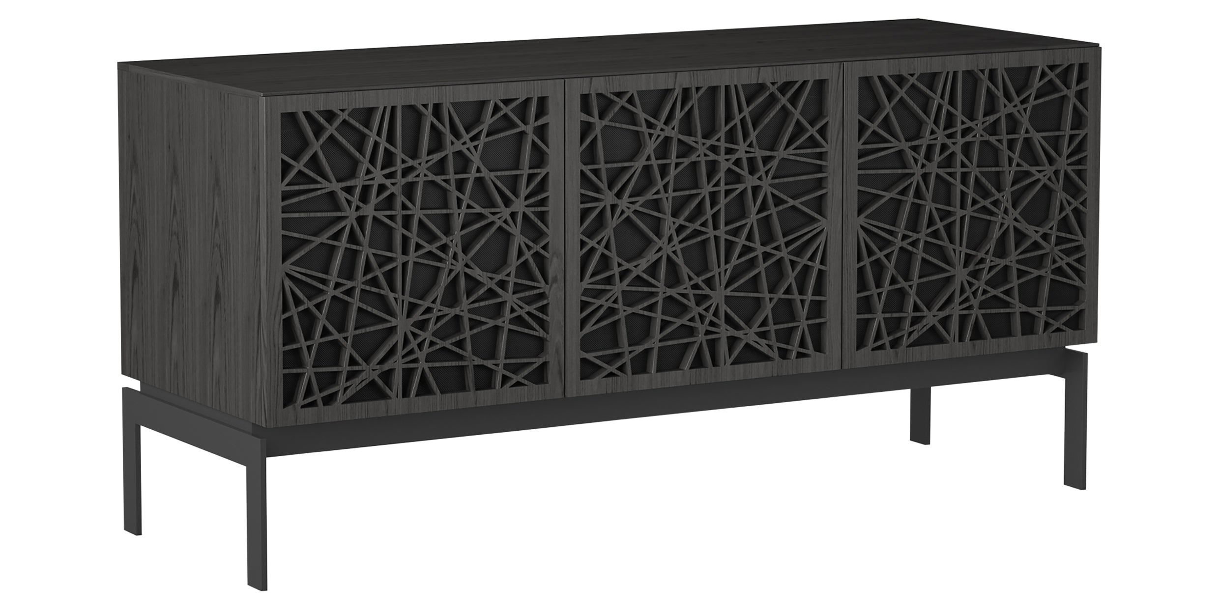 Charcoal Ash Veneer &amp; Black Perforated Steel with Black Steel (Ricochet) | BDI Elements 3 Door Storage Cabinet | Valley Ridge Furniture