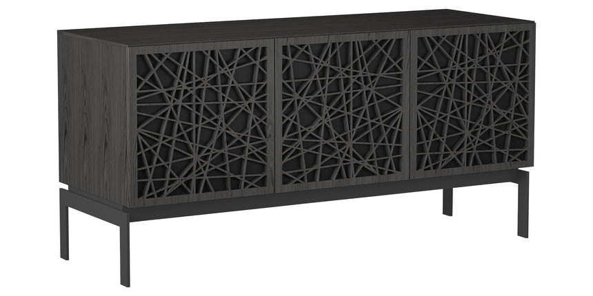 Charcoal Ash Veneer and Black Perforated Steel with Black Steel (Ricochet) | BDI Elements 3 Door Storage Cabinet | Valley Ridge Furniture
