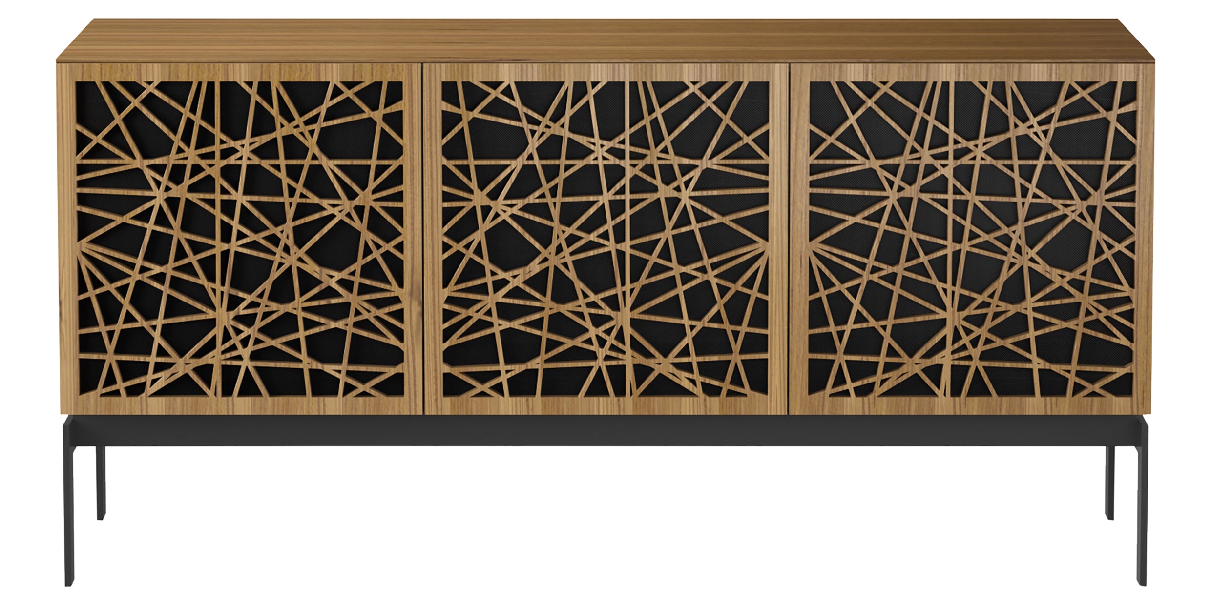 Natural Walnut Veneer &amp; Black Perforated Steel with Black Steel (Ricochet) | BDI Elements 3 Door Storage Cabinet | Valley Ridge Furniture