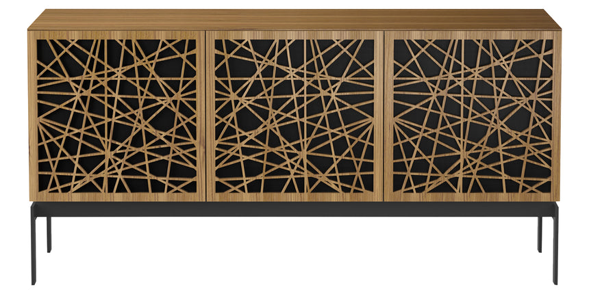 Natural Walnut Veneer and Black Perforated Steel with Black Steel (Ricochet) | BDI Elements 3 Door Storage Cabinet | Valley Ridge Furniture