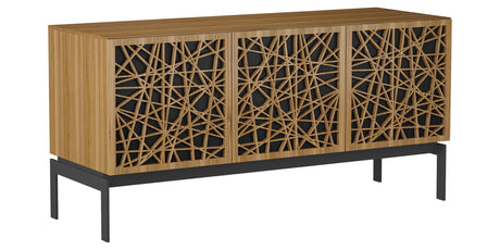 Natural Walnut Veneer and Black Perforated Steel with Black Steel (Ricochet) | BDI Elements 3 Door Storage Cabinet | Valley Ridge Furniture