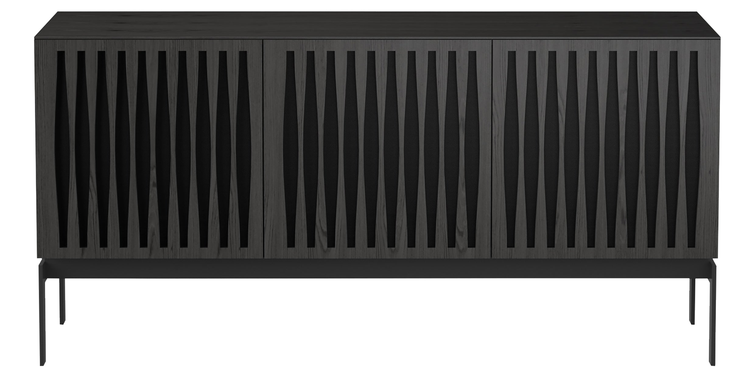Charcoal Ash Veneer &amp; Black Perforated Steel with Black Steel (Tempo) | BDI Elements 3 Door Storage Cabinet | Valley Ridge Furniture