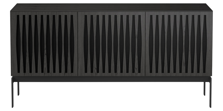 Charcoal Ash Veneer and Black Perforated Steel with Black Steel (Tempo) | BDI Elements 3 Door Storage Cabinet | Valley Ridge Furniture