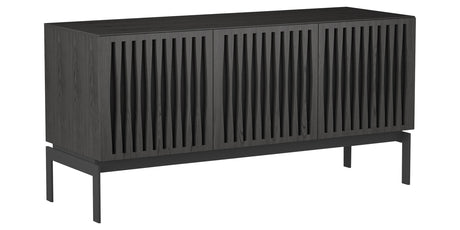 Charcoal Ash Veneer and Black Perforated Steel with Black Steel (Tempo) | BDI Elements 3 Door Storage Cabinet | Valley Ridge Furniture