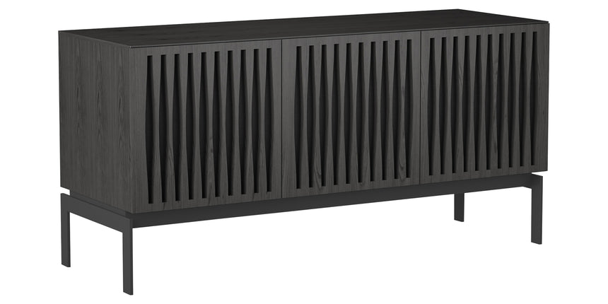 Charcoal Ash Veneer and Black Perforated Steel with Black Steel (Tempo) | BDI Elements 3 Door Storage Cabinet | Valley Ridge Furniture