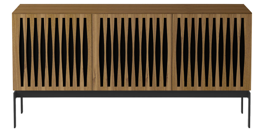 Natural Walnut Veneer and Black Perforated Steel with Black Steel (Tempo) | BDI Elements 3 Door Storage Cabinet | Valley Ridge Furniture