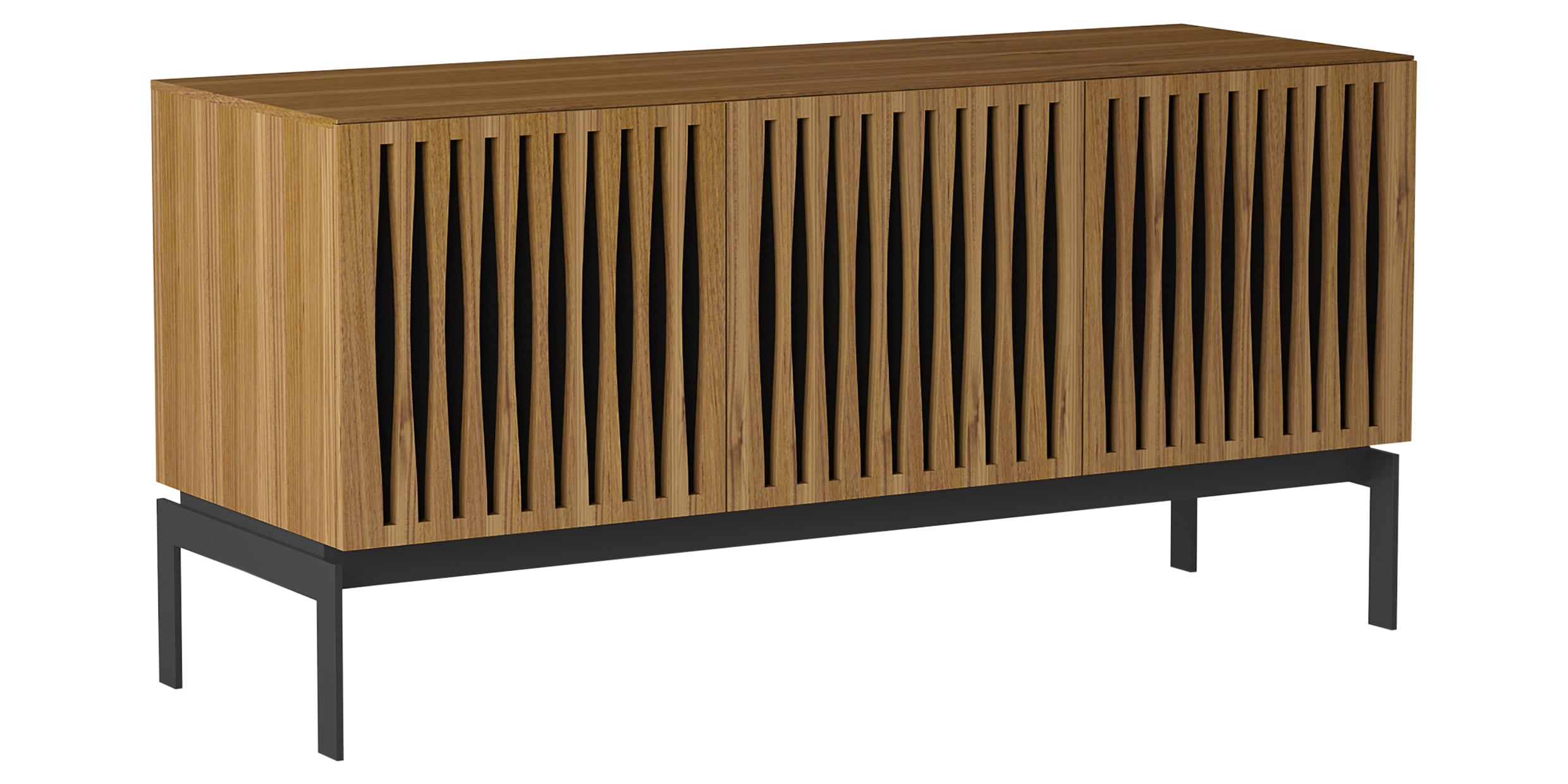 Natural Walnut Veneer &amp; Black Perforated Steel with Black Steel (Tempo) | BDI Elements 3 Door Storage Cabinet | Valley Ridge Furniture