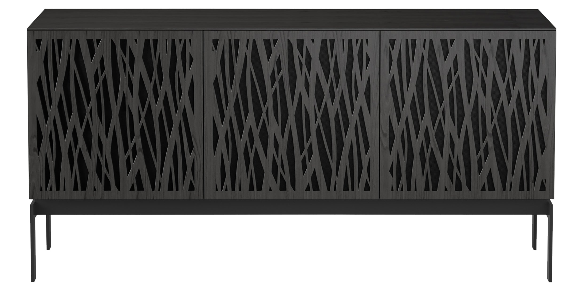 Charcoal Ash Veneer &amp; Black Perforated Steel with Black Steel (Wheat) | BDI Elements 3 Door Storage Cabinet | Valley Ridge Furniture