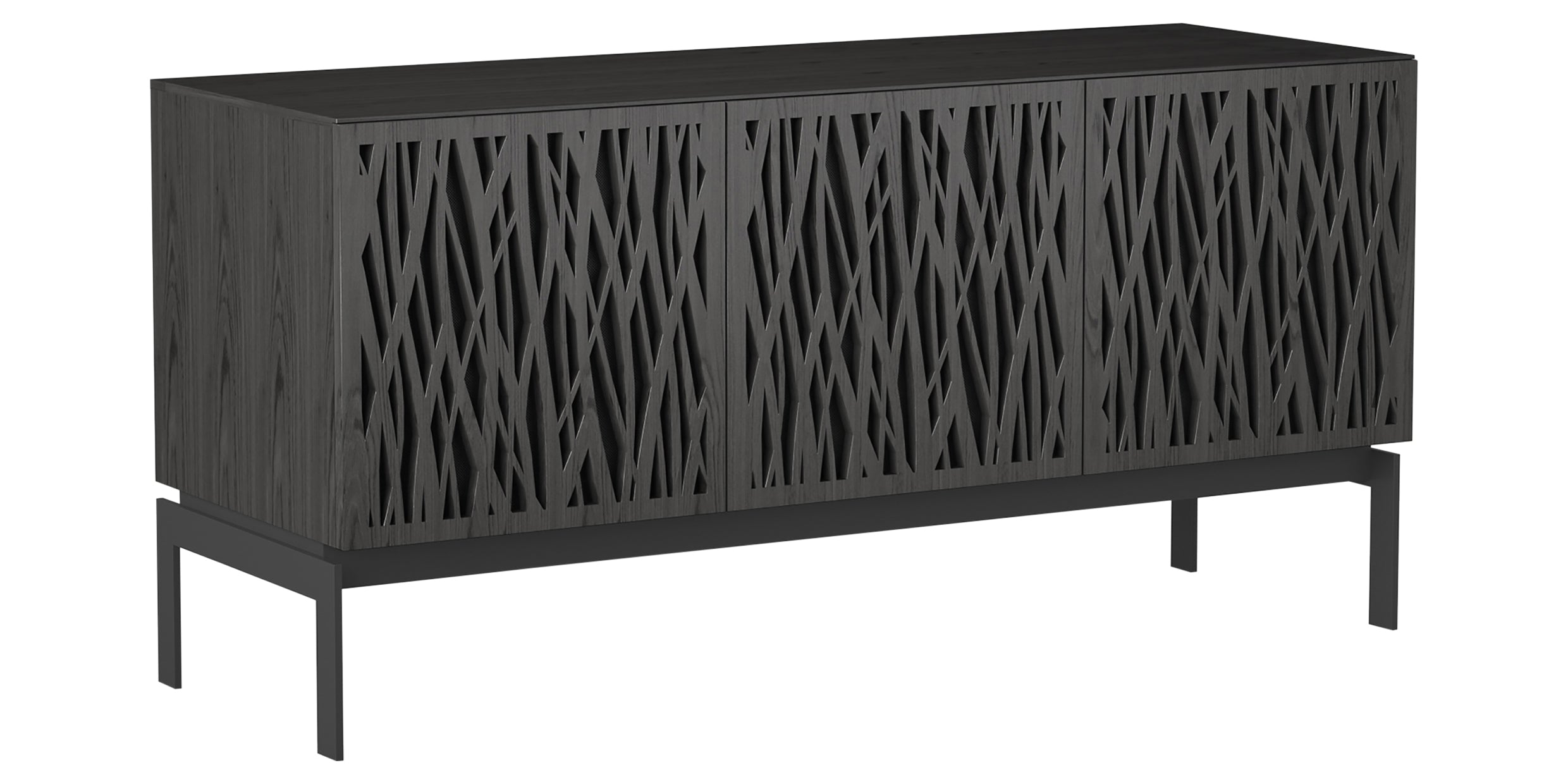 Charcoal Ash Veneer &amp; Black Perforated Steel with Black Steel (Wheat) | BDI Elements 3 Door Storage Cabinet | Valley Ridge Furniture