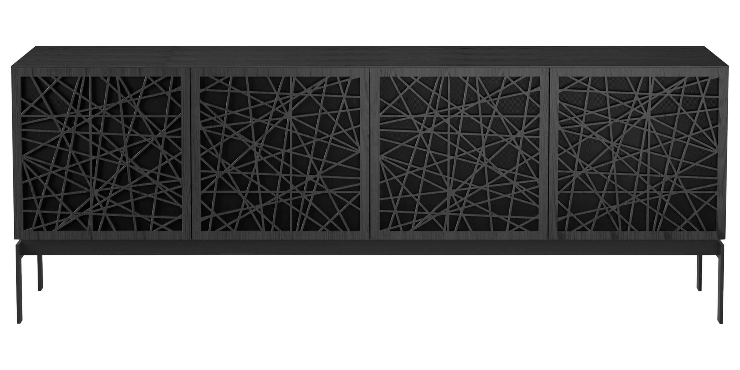 Charcoal Ash Veneer with Black Perforated Steel &amp; Black Steel (Ricochet) | BDI Elements 4 Door Storage Cabinet | Valley Ridge Furniture