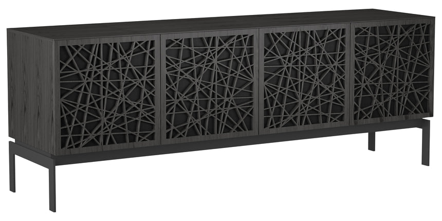 Charcoal Ash Veneer with Black Perforated Steel and Black Steel (Ricochet) | BDI Elements 4 Door Storage Cabinet | Valley Ridge Furniture