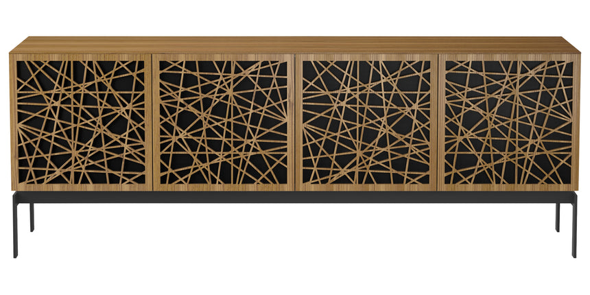 Natural Walnut Veneer and Black Perforated Steel with Black Steel (Ricochet) | BDI Elements 4 Door Storage Cainet | Valley Ridge Furniture