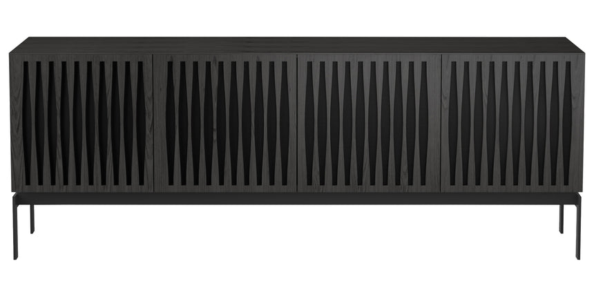 Charcoal Ash Veneer and Black Perforated Steel with Black Steel (Tempo) | BDI Elements 4 Door Storage Cabinet | Valley Ridge Furniture