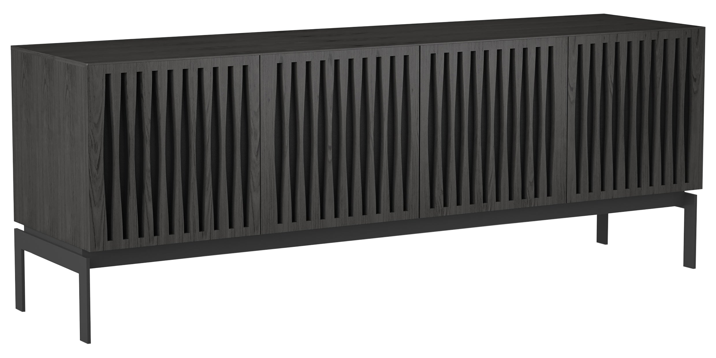Charcoal Ash Veneer & Black Perforated Steel with Black Steel (Tempo) | BDI Elements 4 Door Storage Cabinet | Valley Ridge Furniture