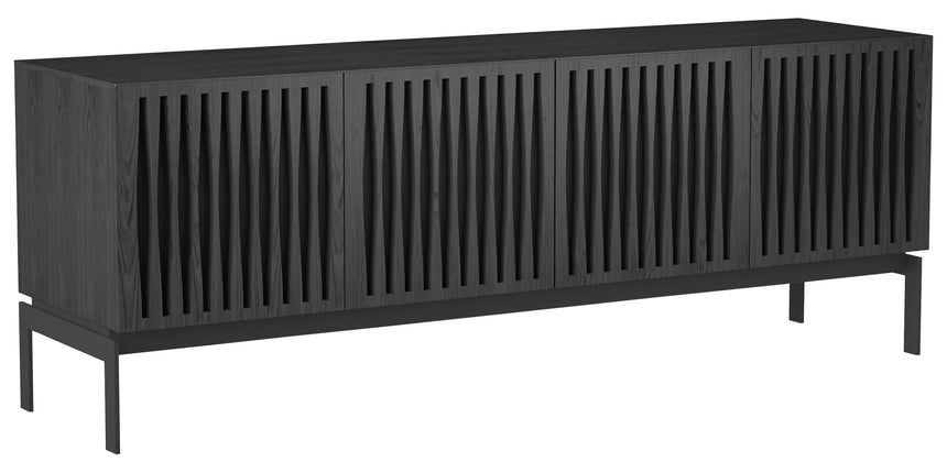 Charcoal Ash Veneer and Black Perforated Steel with Black Steel (Tempo) | BDI Elements 4 Door Storage Cabinet | Valley Ridge Furniture