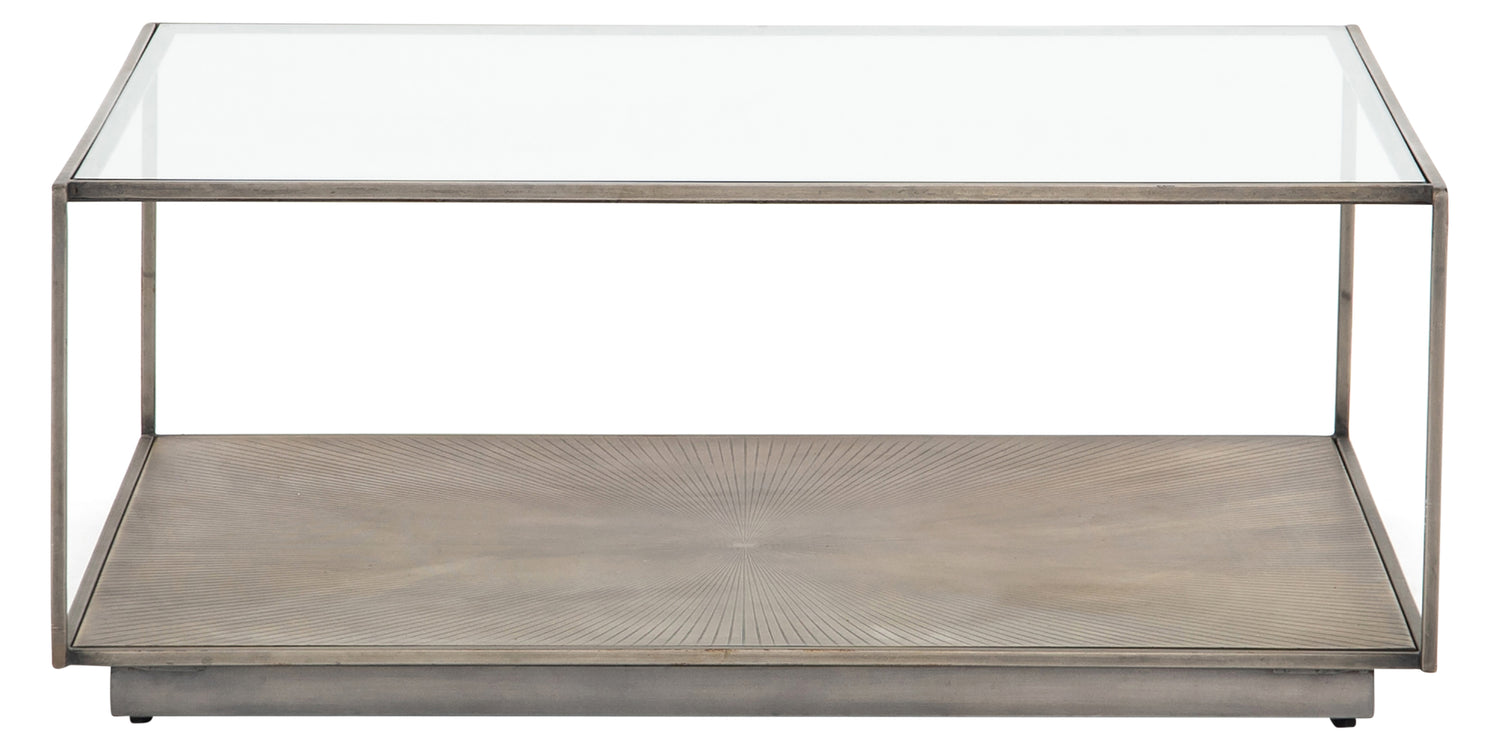 Tempered Glass & Sunburst Etched Aged Brass with Aged Nickel | Abel Sunburst Square Coffee Table | Valley Ridge Furniture