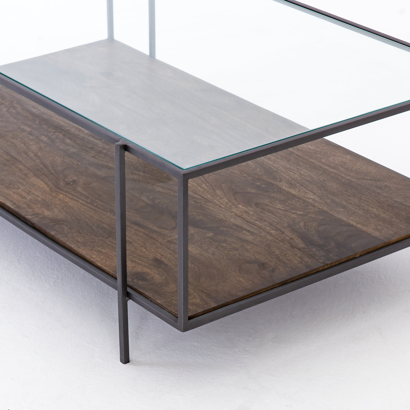 Aged Brown Mango & Tempered Glass with Dark Iron | Byron Coffee Table | Valley Ridge Furniture