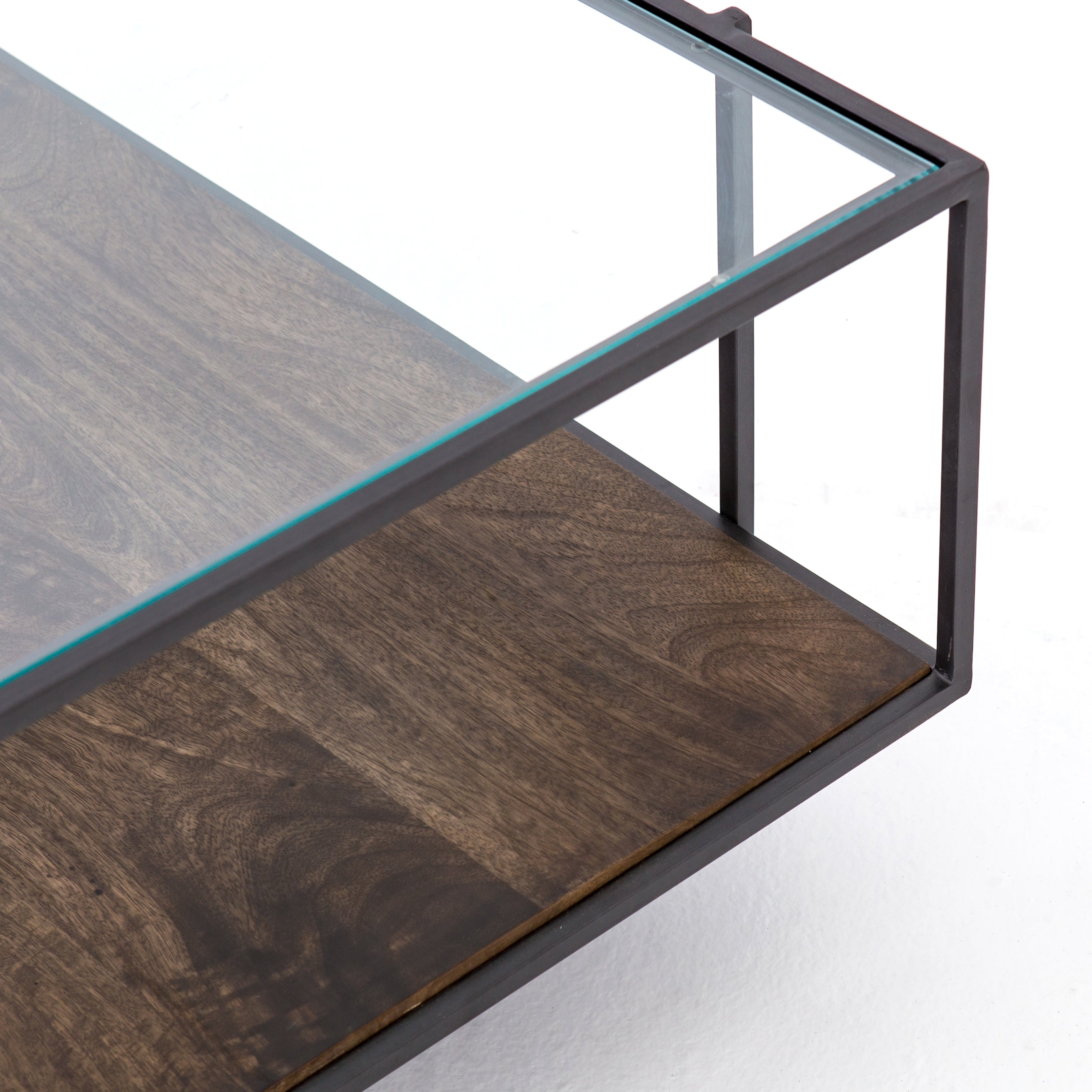 Aged Brown Mango & Tempered Glass with Dark Iron | Byron Coffee Table | Valley Ridge Furniture