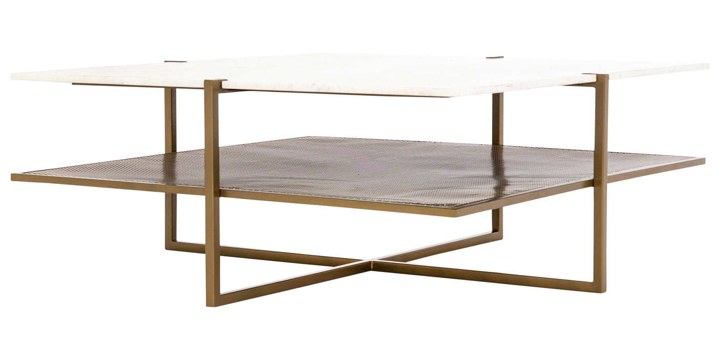 Polished White Marble with Antique Brass Iron | Olivia Square Coffee Table | Valley Ridge Furniture
