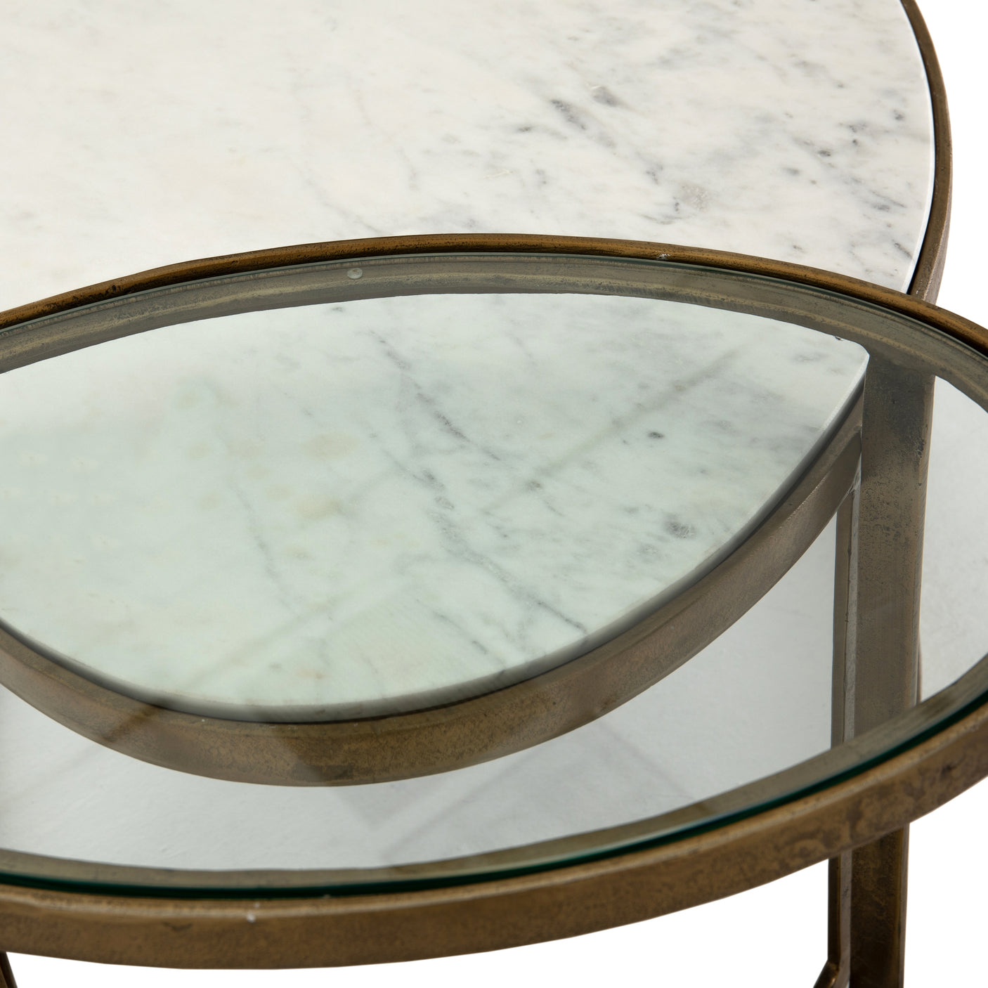 Polished White Marble & Tempered Glass with Raw Brass | Calder Nesting Coffee Table | Valley Ridge Furniture