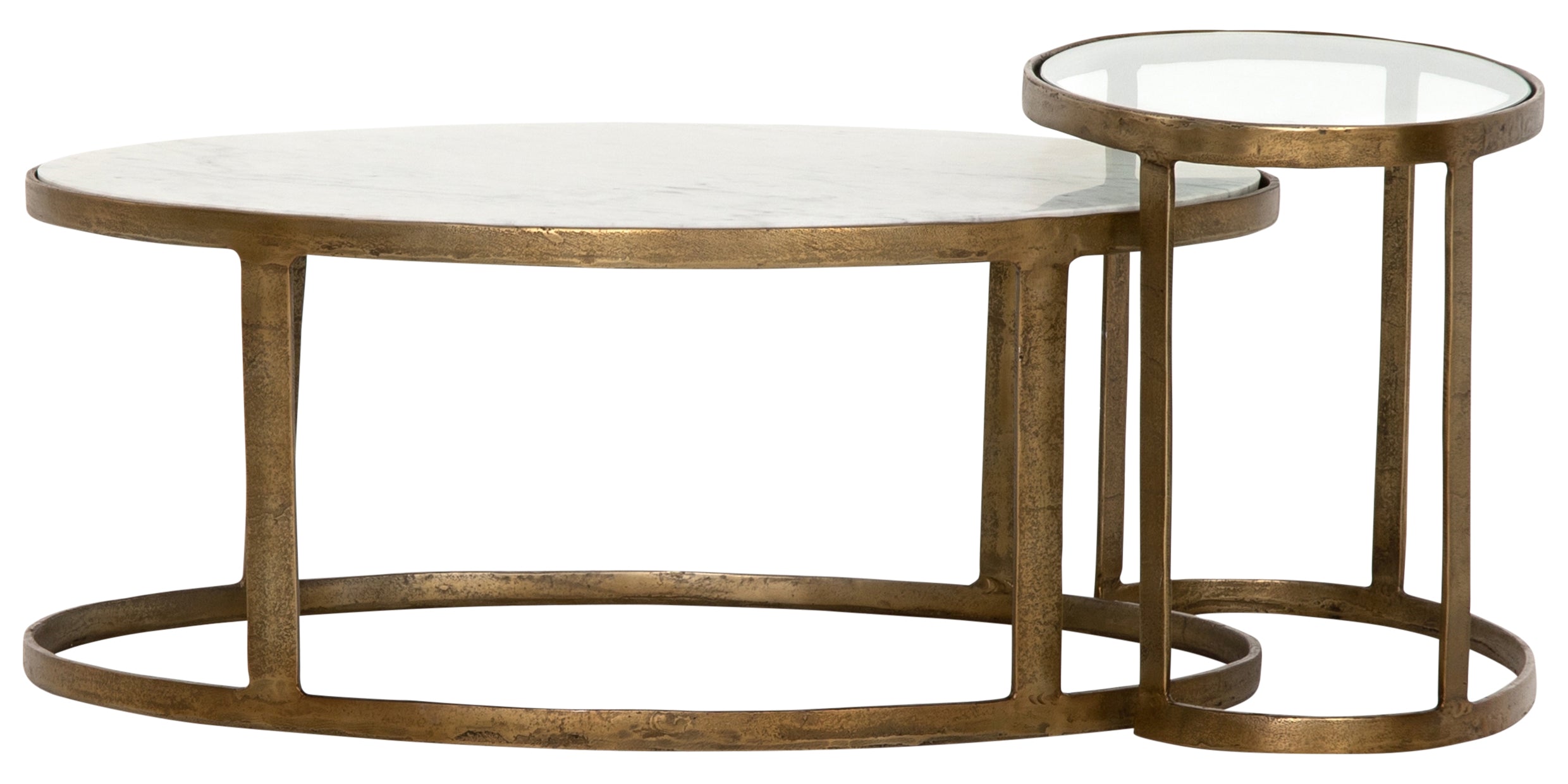 Polished White Marble &amp; Tempered Glass with Raw Brass | Calder Nesting Coffee Table | Valley Ridge Furniture