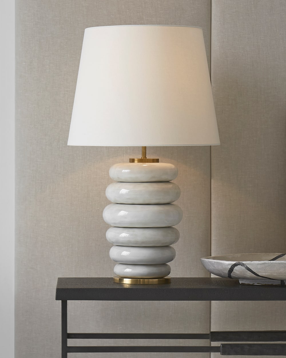 Antiqued White Ceramic &amp; Linen | Phoebe Stacked Table Lamp | Valley Ridge Furniture