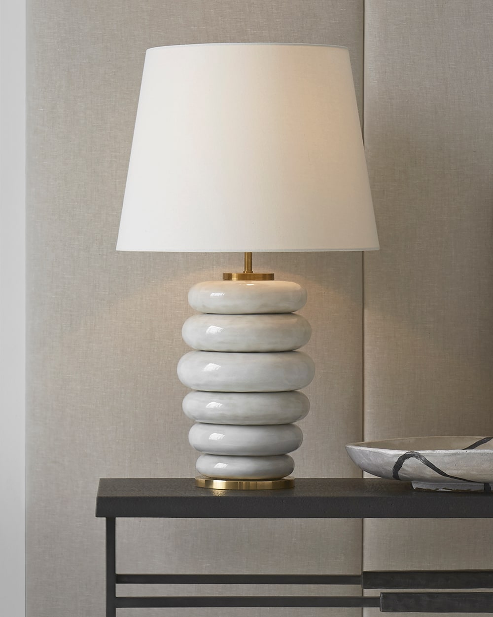 Antiqued White Ceramic & Linen | Phoebe Stacked Table Lamp | Valley Ridge Furniture