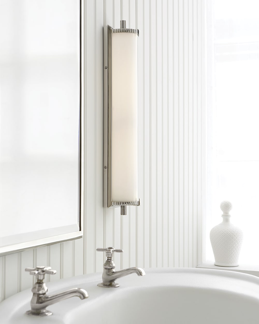 Polished Nickel & White Glass | Calliope Tall Bath Light | Valley Ridge Furniture