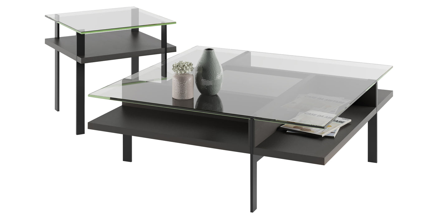 Charcoal Ash Veneer & Polished Tempered Glass with Black Aluminum | BDI Terrace End Table | Valley Ridge Furniture
