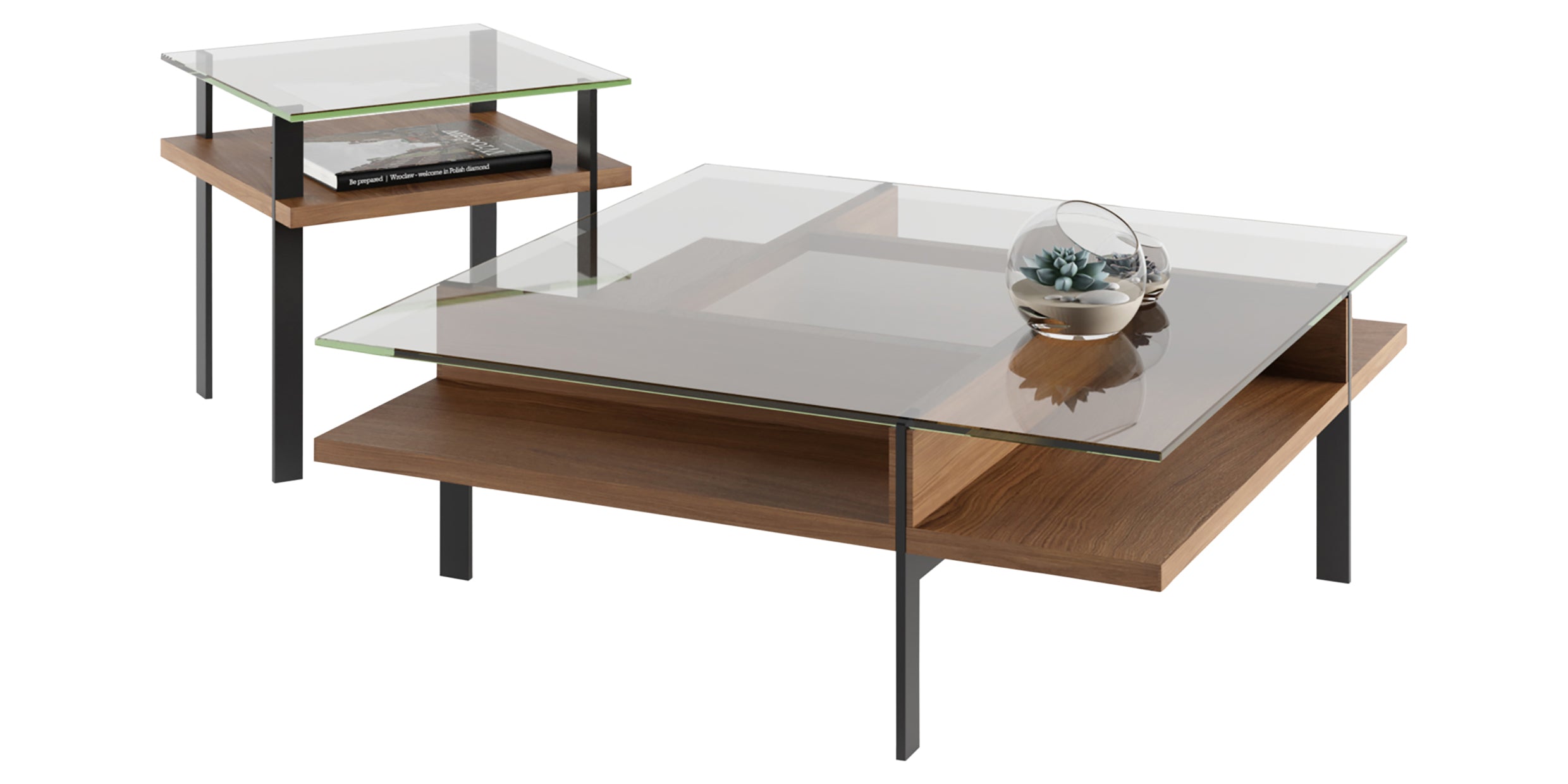 Natural Walnut Veneer & Polished Tempered Glass with Black Aluminum | BDI Terrace End Table | Valley Ridge Furniture