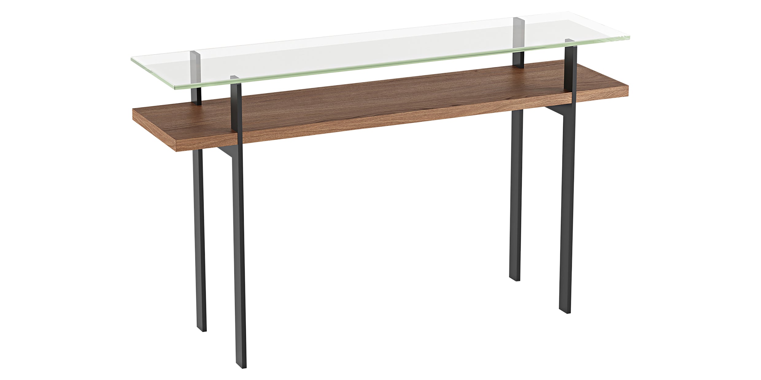 Natural Walnut Veneer &amp; Polished Tempered Glass with Black Steel | BDI Terrace Slim Console Table | Valley Ridge Furniture