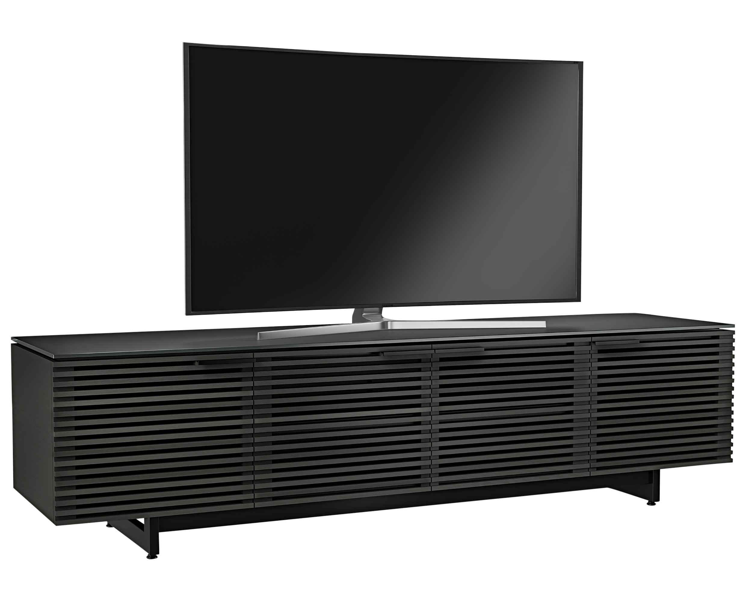 Charcoal Stained Ash & Charcoal Ash Veneer with Black Satin-Etched Glass & Black Steel | BDI Corridor Low Profile TV Stand | Valley Ridge Furniture