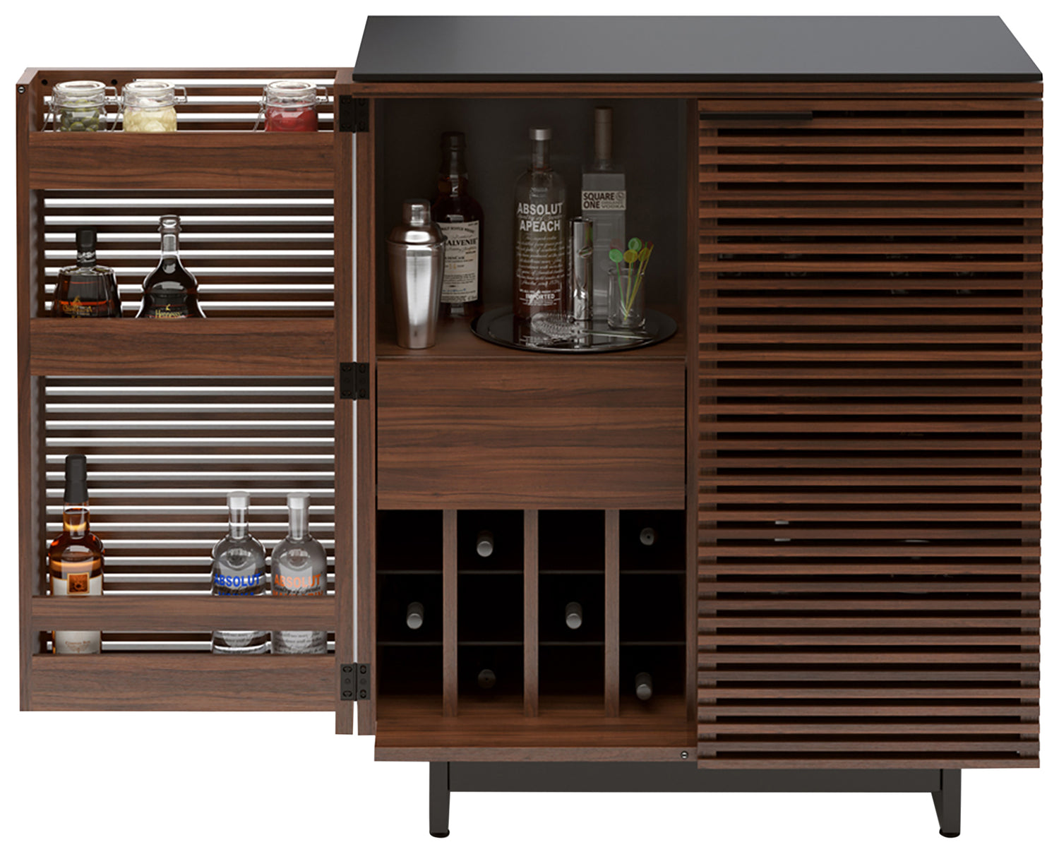 Chocolate Stained Walnut & Chocolate Walnut Veneer with Black Satin-Etched Glass & Black Steel | BDI Corridor Bar | Valley Ridge Furniture