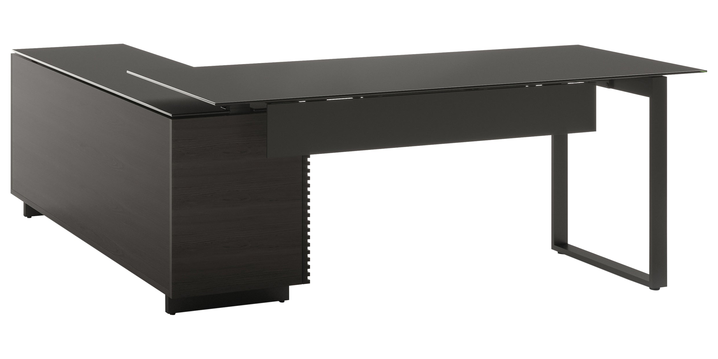 Charcoal Stained Ash & Charcoal Ash Veneer with Black Satin-Etched Glass & Black Steel | BDI Corridor L Shaped Desk | Valley Ridge Furniture