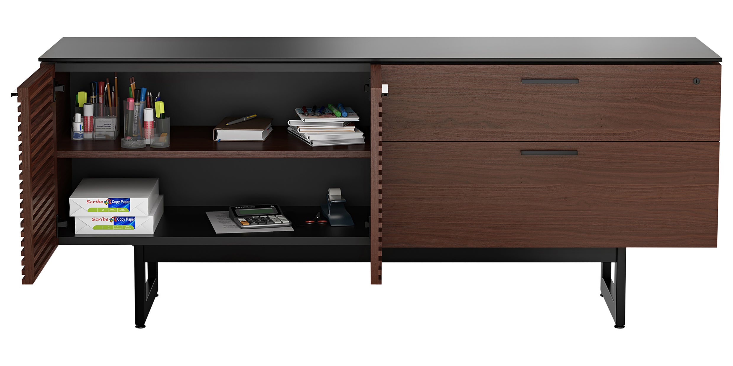 Chocolate Stained Walnut &amp; Chocolate Walnut Veneer with Black Satin-Etched Glass &amp; Black Steel | BDI Corridor Office Credenza | Valley Ridge Furniture