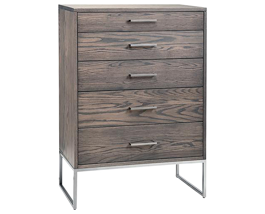Serene Oak Rhino with Sunrise Metal Pewter | Handstone Electra 5 Drawer Highboy | Valley Ridge Furniture