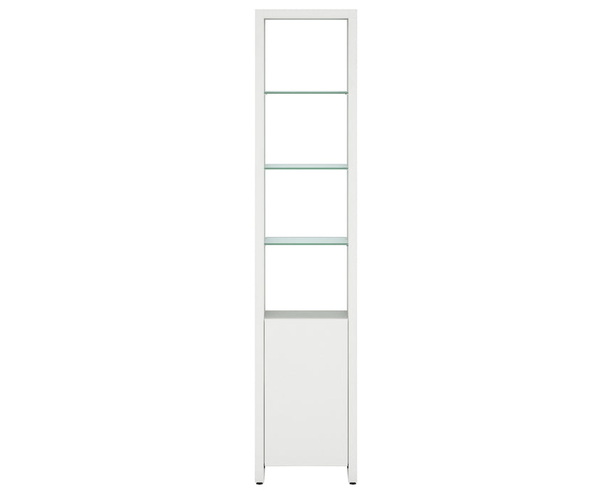 Satin White Veneer & Polished Tempered Glass | BDI Linea Narrow Shelf | Valley Ridge Furniture