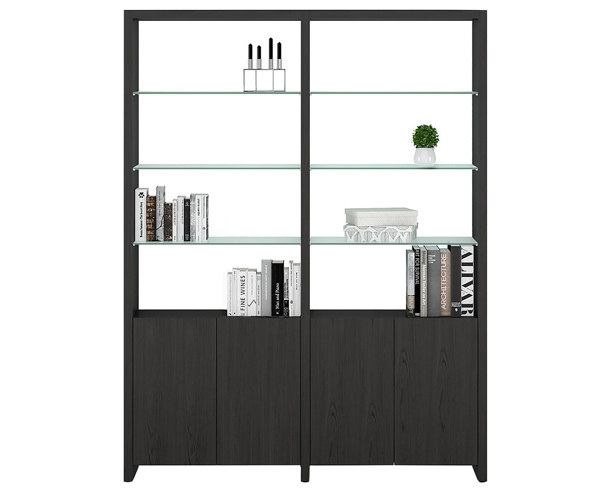 Charcoal Ash Veneer &amp; Polished Tempered Glass | BDI Linea 64&quot; Shelf | Valley Ridge Furniture