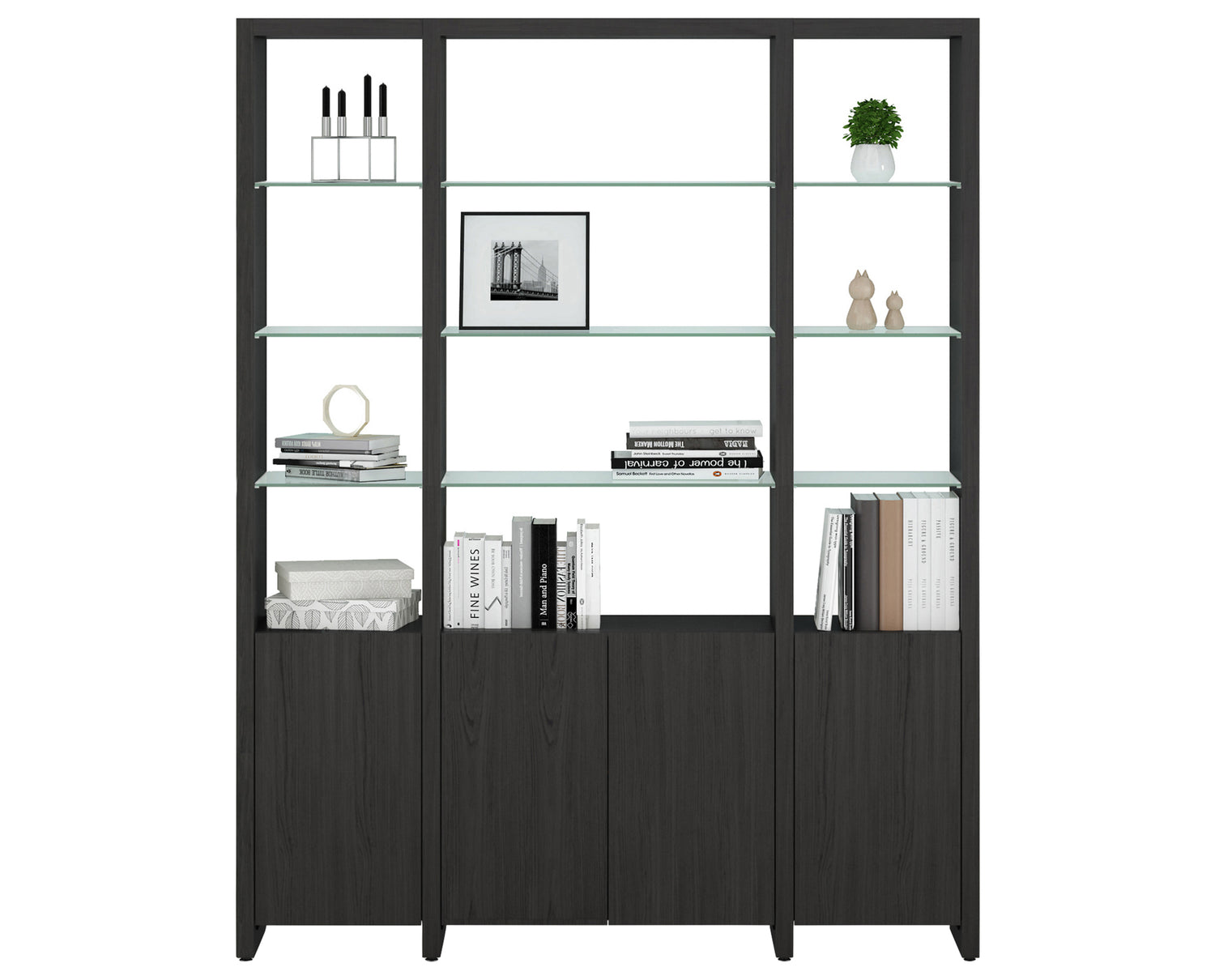 Charcoal Ash Veneer & Polished Tempered Glass | BDI Linea 66" Shelf | Valley Ridge Furniture