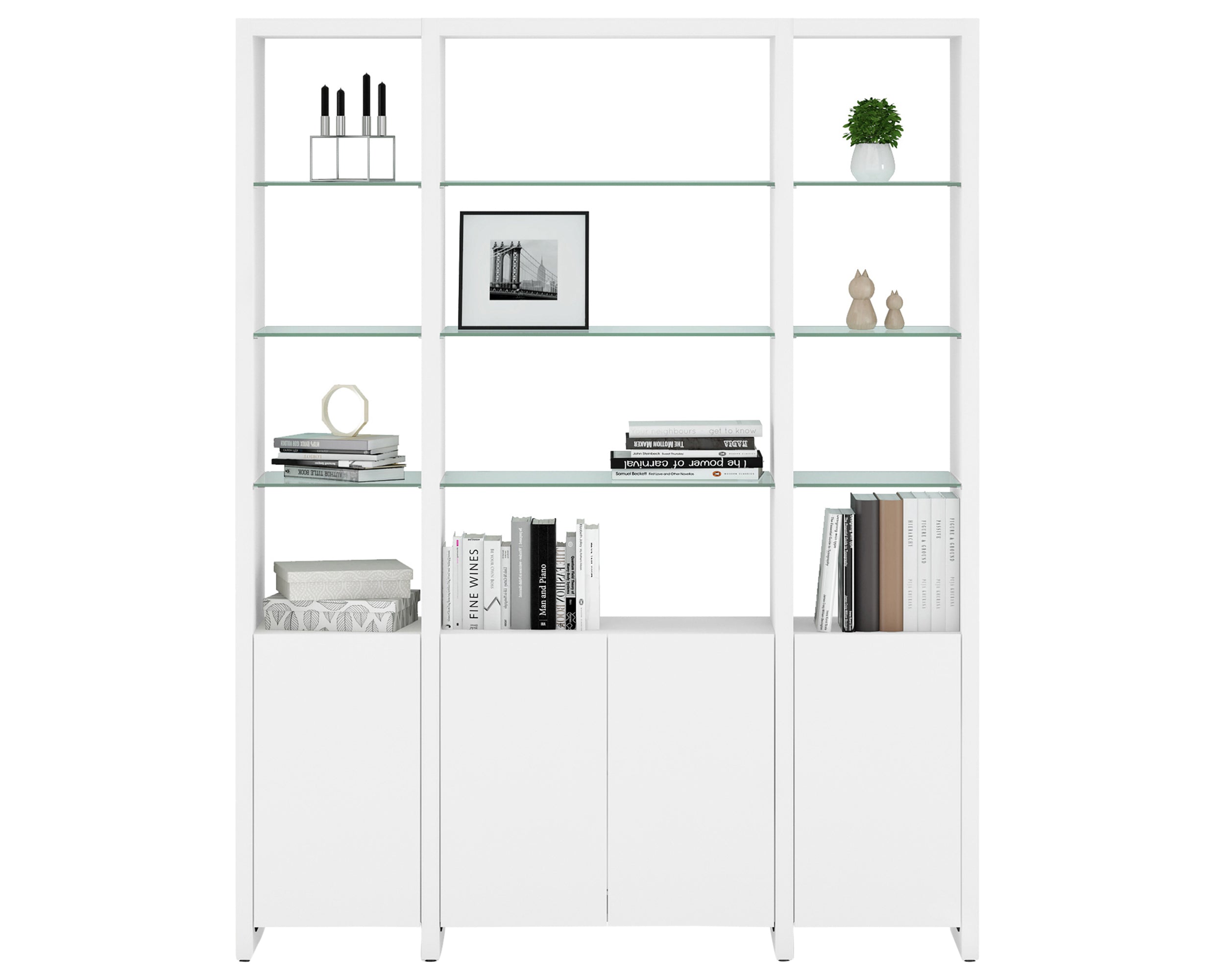 Satin White Veneer &amp; Polished Tempered Glass | BDI Linea 66&quot; Shelf | Valley Ridge Furniture