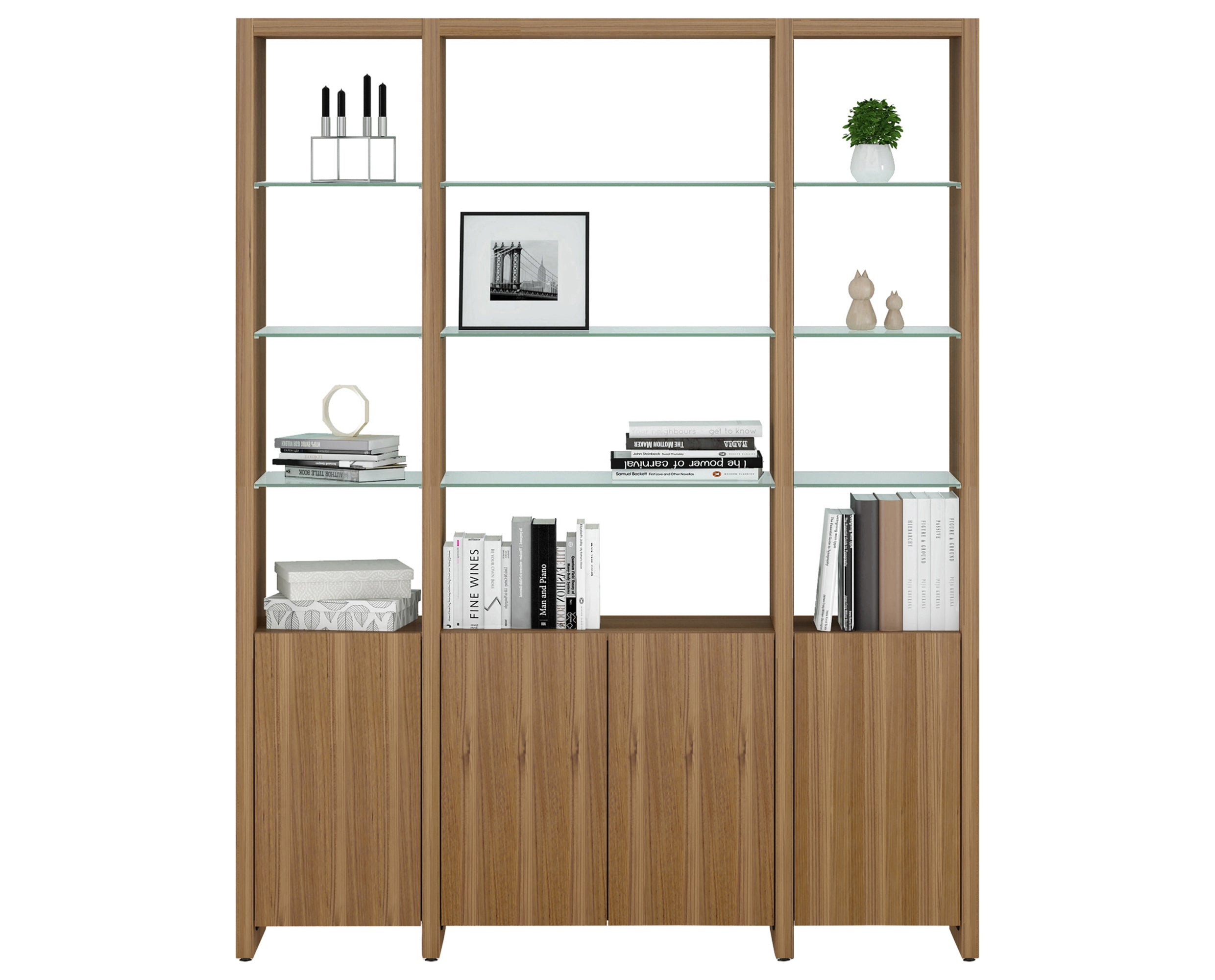 Natural Walnut Veneer &amp; Polished Tempered Glass | BDI Linea 66&quot; Shelf | Valley Ridge Furniture