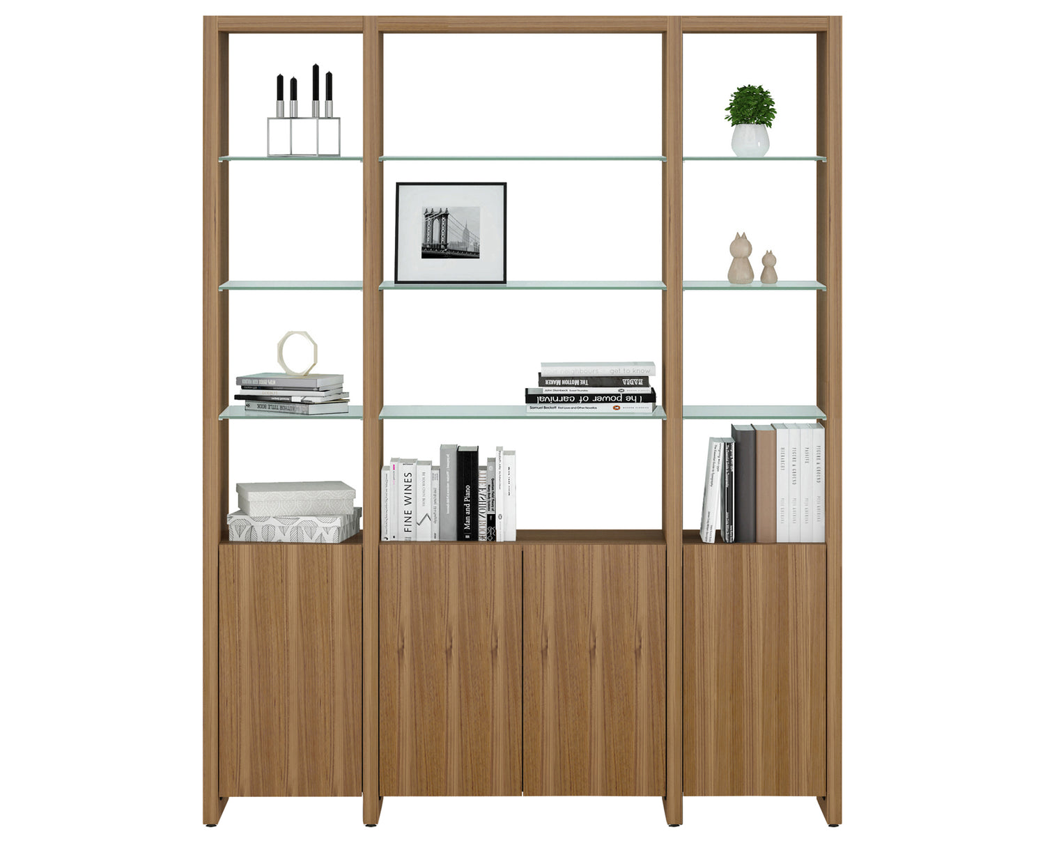 Natural Walnut Veneer & Polished Tempered Glass | BDI Linea 66" Shelf | Valley Ridge Furniture