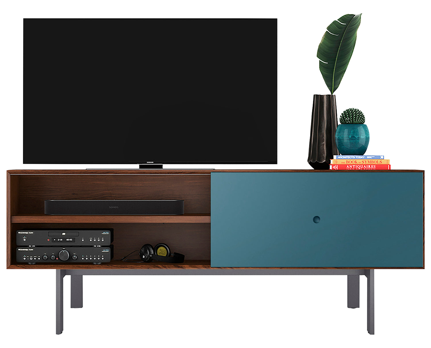 Toasted Walnut & Marine Veneer with Grey Steel | BDI Margo Light Media Console | Valley Ridge Furniture