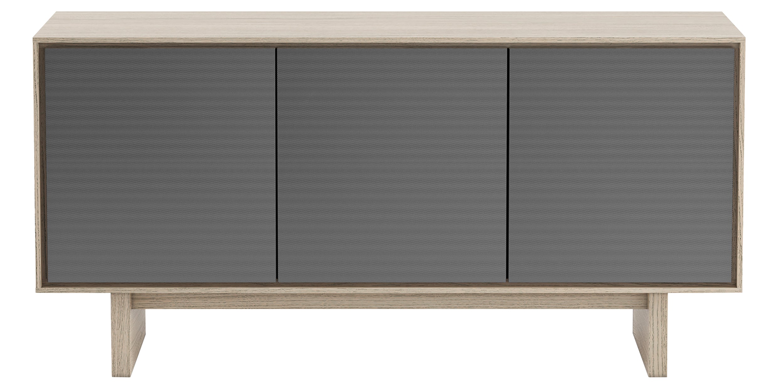Drift Oak Veneer &amp; Grey Perforated Steel | BDI Octave 3 Door Media Cabinet | Valley Ridge Furniture