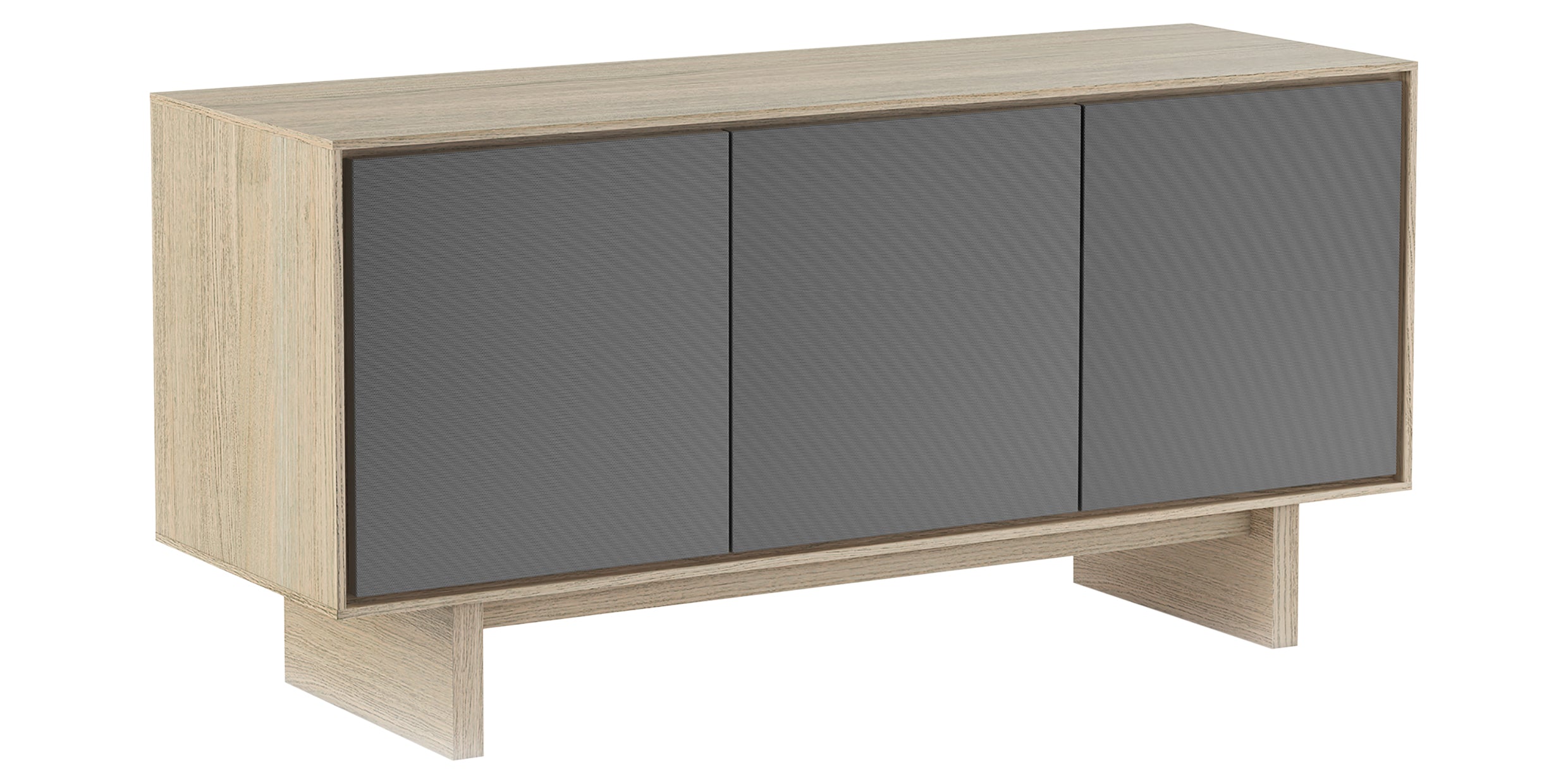 Drift Oak Veneer &amp; Grey Perforated Steel | BDI Octave 3 Door Media Cabinet | Valley Ridge Furniture