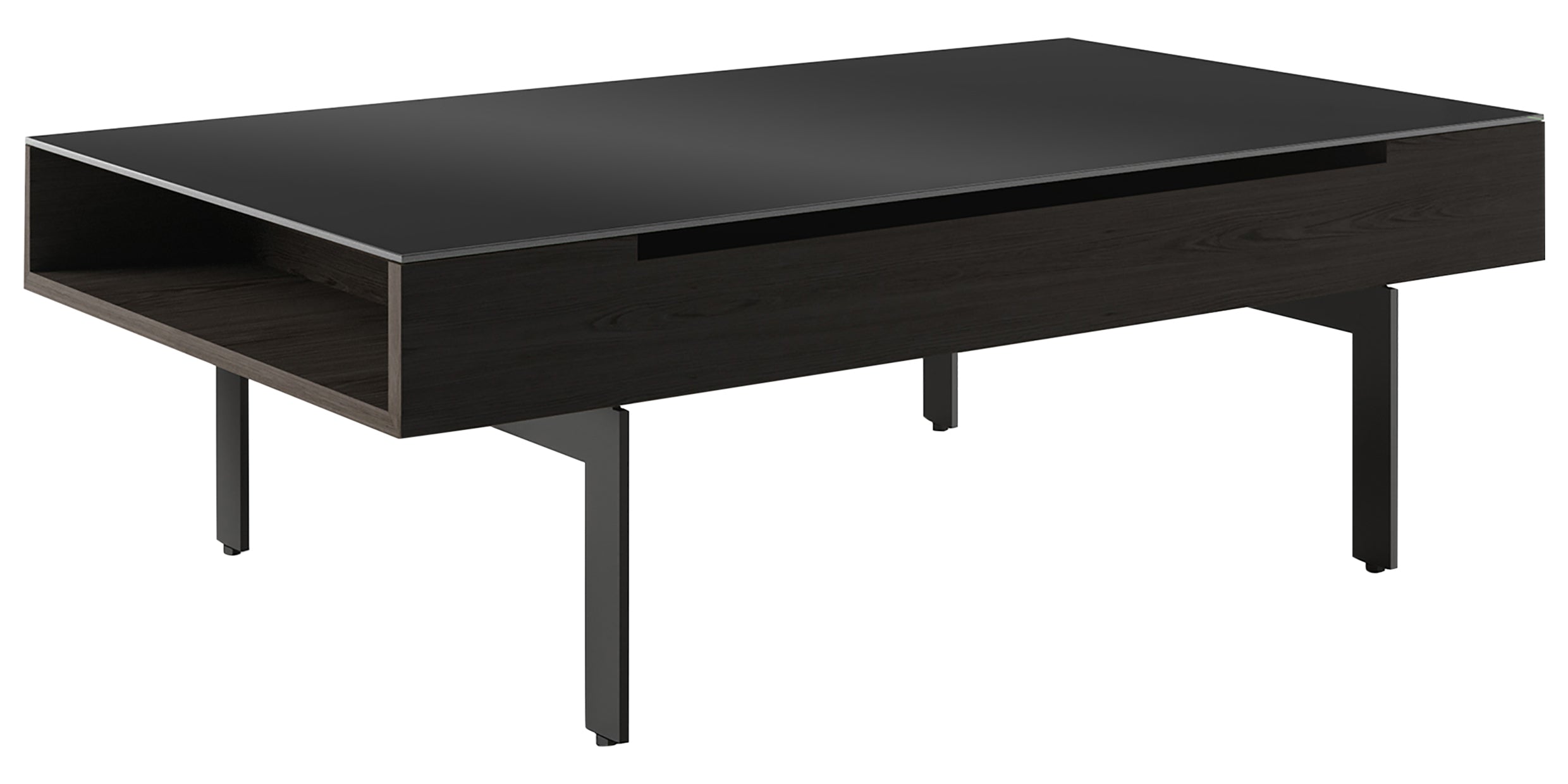 Charcoal Ash Veneer & Black Satin-Etched Glass with Black Steel | BDI Reveal Lift Coffee Table | Valley Ridge Furniture