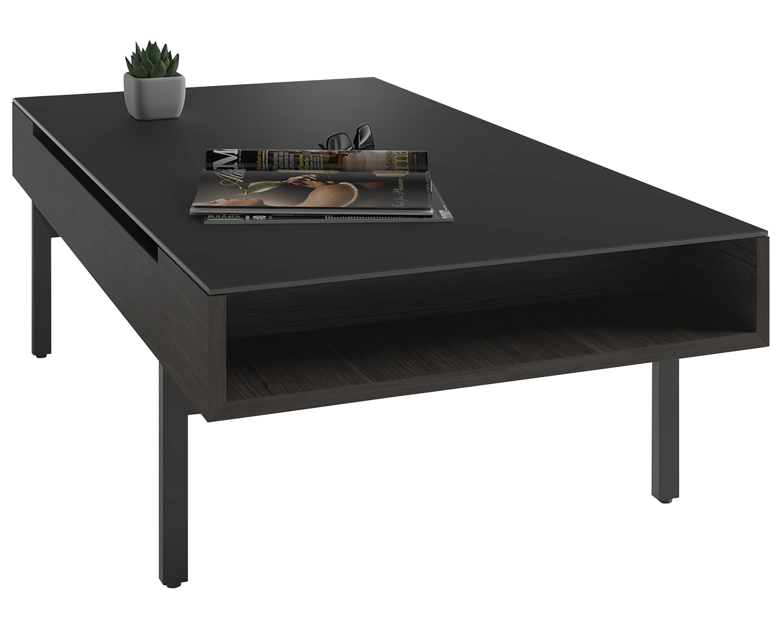 Charcoal Ash Veneer &amp; Black Satin-Etched Glass with Black Steel | BDI Reveal Lift Coffee Table | Valley Ridge Furniture